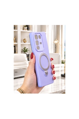 İnfinix Hot 50 Pro İle Uyumlu 360 Derece Dönebilen Kalın Metal Magsafe Halka Stantlı İçi Kadife Korumalı Ultra Lüx Premium Silikon Kılıf Lila