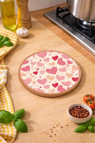 Lexroo Pembe Kalp Desenli Mantar Nihale Tencere Tava Altlığı 19cm Çapında 1cm Kalınlığında