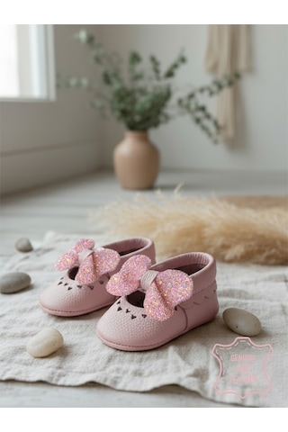 Denokids Kız Bebek Patik Hakiki Deri Taşlı Pembe Yumuşak Taban Ayakkabı 17-21 Numara Renkli