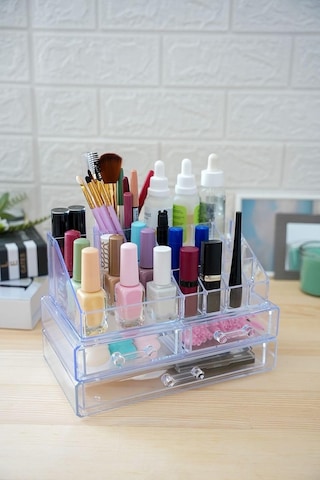 Şık Tasarım Büyük Boy 3 Çekmeceli Makyaj Ve Kozmetik Düzenleyici Organizer Set Şeffaf Tek Ebat Çok Renkli