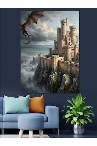 Sarp Kayalıklar Üzerindeki Görkemli Kale Dekoratif Kanvas - Mdf Ahşap Tablo