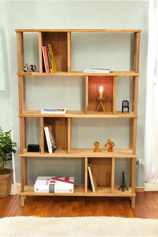 Lüx Naturel Ahşap 5 Raflı Modern Dekoratif Kitaplık Mutfak Rafı Kiler Çok Amaçlı Düzenleyici Raf Ahşap