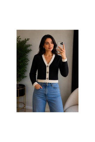 Hira Life Fashion Kadın V Yaka Düğmeli Şeritli Kısa Crop Ceket-hırka Siyah Siyah