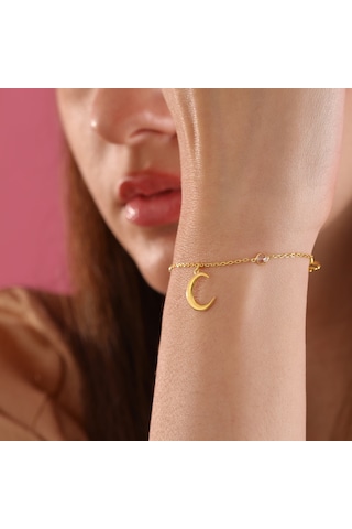 Queen Silver Jewelry 925 Ayar Gümüş Hilal Obje Zirkon Taş Sallantılı Bileklikdfc Altın