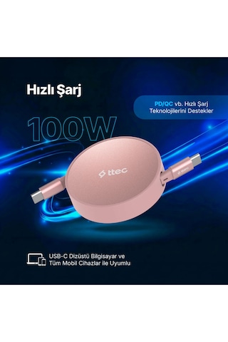 Ttec USB-C - USB-C Mini Makaralı 100W PD/QC 120 CM Hızlı Şarj Kablosu
