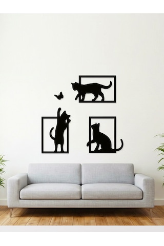3 Parça Dekoratif Kedi Ve Kelebek Temalı Duvar Dekoru - Modern Tasarım