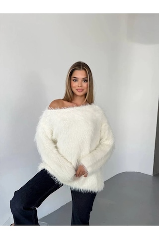 Kechi Woman Tüylü Triko Kazak Beyaz