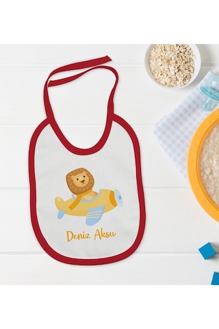 BK Kids Kişiye Özel Sevimli Pilot Tasarımlı Kırmızı Bebek Mama Ön Kırmızı