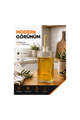 750 Ml Dikdörtgen Cam Yağdanlık Kontrollü Gold Döküş Başlıklı Zeytinyağı, Sirke Ve Sıvı Sos Şişesi Şeffaf