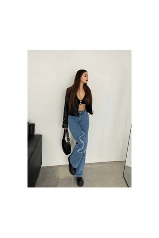 Kene Jeans Yüksek Bel Bacak Yıldızlı Bol Paça Jeans Mavi