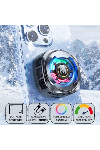 Polham Magsafe Uyumlu Telefon Soğutucu Dijital Isı Göstergeli, Rgb Led Işıklı, Turbo Fanlı 6000 Rpm, Klipsli Tutucu
