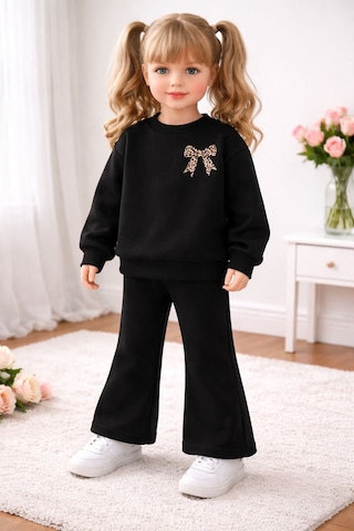 Kız Çocuk Leopar Fiyonk Baskılı Sweatshirt & İspanyol Paça Eşofman Takımı Siyah