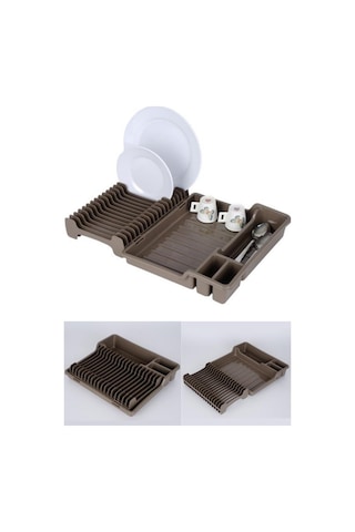 Flosoft Katlanır Bulaşıklık, Kaşıklık Bölmeli Tabaklık Kurutmalık Kahverengi