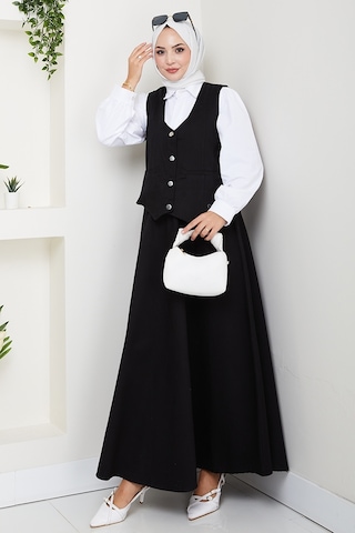 Bestenur İkili Gabardin Yelek Etek Takım 1400 - Siyah Siyah