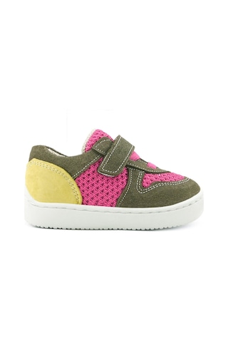 Rakerplus Bob Hakiki Deri Haki Yeşil Pembe Barefoot Cırtlı Lastikli Bebek Sneaker Ayakkabı Haki