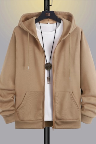Cool Tarz Unisex Relax Fit Rahat Kesim Pamuklu İçi Polarlı Çift Cepli Fermuarlı Vizon Kapüşonlu Sweatshirt Vizon Vizon