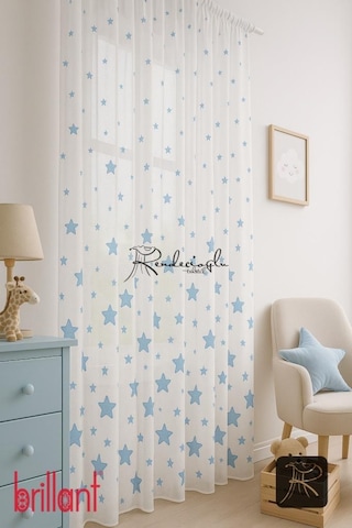 Brillant Marka Yıldız Desenli Tül Perde Örme Kumaş, Çocuk Odası İçin Özel Tasarım Mavi Mavi