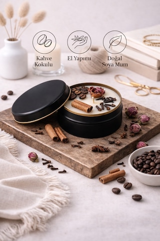 Dekoratif Lüks Soya Mum,el Yapımı Doğal Mum,metal Kutu, Gül Detay Ev Hediyesi, Kahve Kokulu 100 G Kahverengi - Pembe