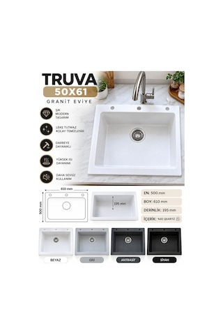 Granit Evye Truva Series Beyaz Renk En:500mm Boy :610 Mm Derinlik :195 Mm