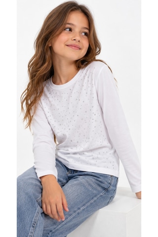 İrem Kız Çocuk Üzeri Taş Modelli Uzun Kollu Beyaz Renk Penye İnce Sweatshirt