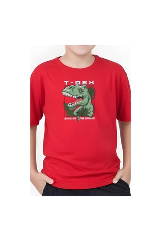 Panios Kids T-rex Baskılı Erkek Çocuk Kısa Kollu Tişört Kırmızı