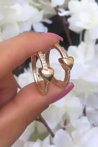 Niki Aksesuar Kalpli Zirkontaşlı Halka Küpe Gold