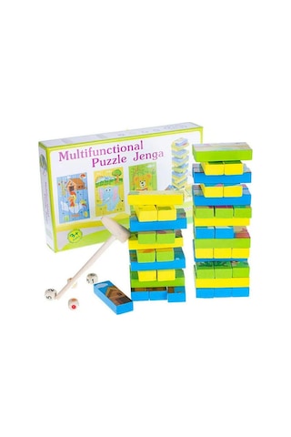 Eğitici Ahşap Resimli Jenga Ve Puzzle Seti - Çekiçli Denge Kulesi Zeka Oyunu Montessori