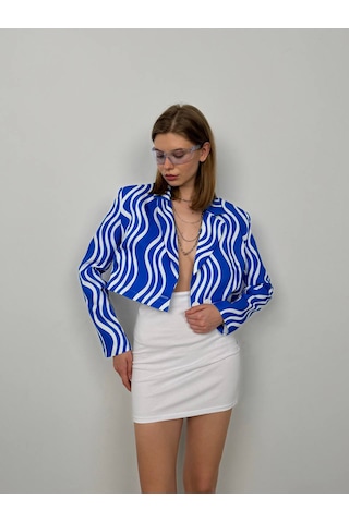 Vuvutasarım Yeni Sezon Desenli Simetrik Katlamalı Yaka Tek Düğme Crop Kadın Blazer Ceket 24s08012 Mavi