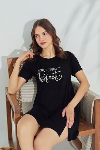 Guava Kadın Bisiklet Yaka Viskon Yırtmaç Detaylı Mini Gecelik Elbise - Homewear Siyah