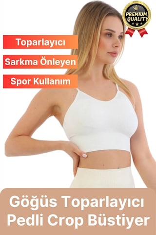 Svein Göğüs Toparlayıcı Sarkma Önleyen Gündelik Spor Kullanım İnce İp Askılı Pedli Çizgili Crop Büstiyer Beyaz