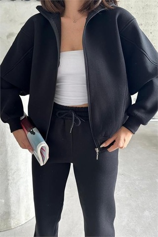 Dip Moda Kadın Fermuarlı Alt Üst Eşofman Takımı Dpnbg028 Siyah