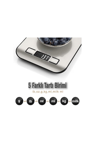Tr Techfit Tf-1002 Dijital Mutfak Terazisi, 5 Kg Kapasiteli, Paslanmaz Çelik, Lcd Ekran, Dara Fonksiyonlu, G/ml/oz/lb Genel