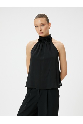Koton Halter Yaka Bluz Şifon Çiçek Aplikeli Siyah 4sak60342uw
