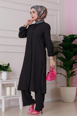 Sevitli Yırtmaç Detaylı Tunik Pantolon Takım-siyah-4860