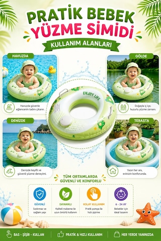 Bebek Yüzme Simidi Bas Şişir Pratik Pompa Gerektirmeyen Ebeveyn Tutma Yerli Çift Emniyetli Yeşil Sim