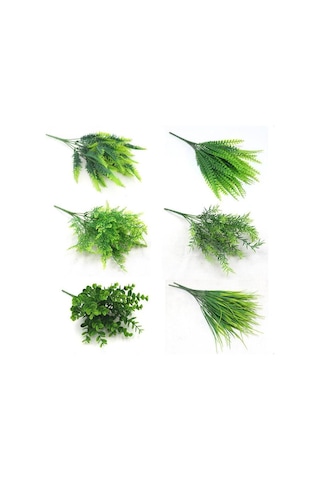 6lı Set Yapay Çiçek Fesleğen Şimşir Boston Saz Demeti 5dal Garnitür Aradal Dekoratif Yapay Bitki
