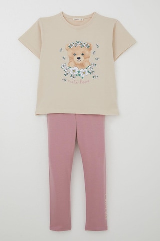 Breeze Kız Çocuk Taytlı Takım Çiçeklerin Kraliçesi Sevimli Ayıcık Baskılı 5-10 Yaş, Bej Bej