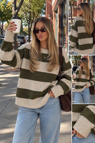 Nilza Barcelona Kadın Oversize Bisiklet Yaka Çizgili Kazak Haki