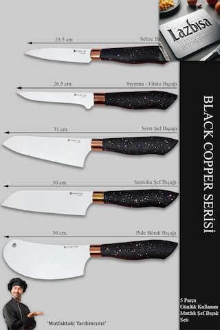 Black Copper Serisi Mutfak Bıçak Et Sebze 5 Li Şef Bıçağı Mft-568 Siyah