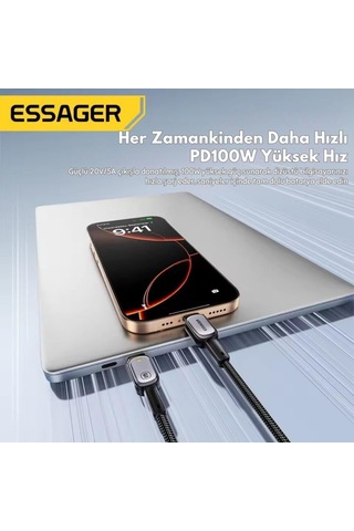 Essager Type-c To Type-c Kablo 2 Metre Pd 100w Hızlı Şarj Ve Data Transfer, Akıllı Akım Ve Pil Korumalı Kablo