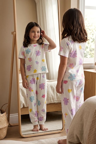 Zuzunga Pastel Renkli Çiçek Desenli Beyaz Kız Çocuk %100 Pamuk Pijama Takımı