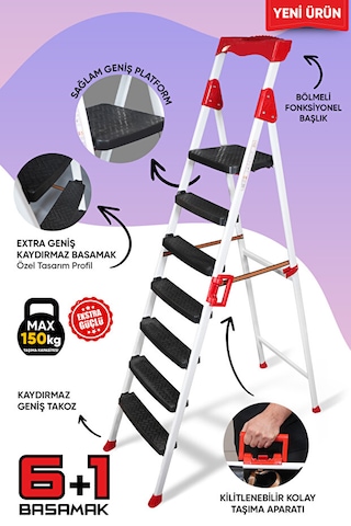 Elegance 6+1 Geniş Basamaklı Kolay Taşıma Aparatlı Merdiven Kaliteli Paslanmaz 6+1 Basamaklı