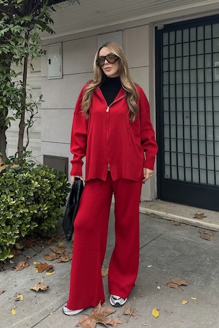 Kırmızı Fermuarlı Kapüşonlu Triko Takım - 0511 Kırmızı