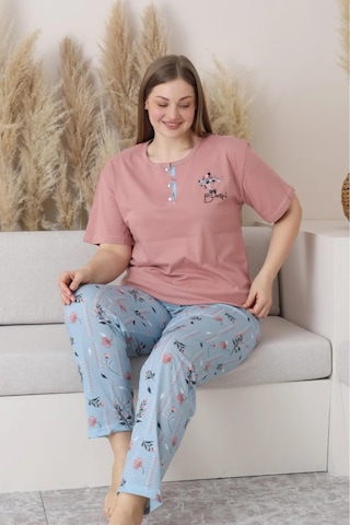 Sude Kadın Büyük Beden Düğme Yaka Penye Kısa Kol İnce Pijama Takımı P127 - 1 Adet Pudra