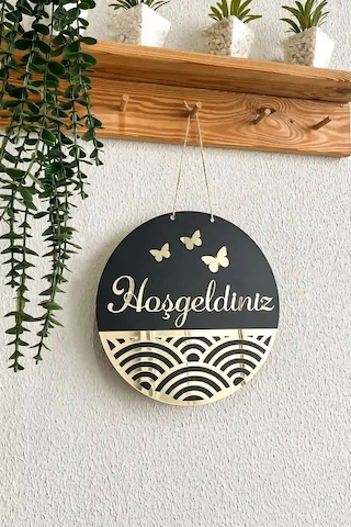 Hoşgeldiniz Yazılı Kapı Süsü - Özel Tasarım Kelebek Detaylı Aynalı Pleksi Ahşap Kapı Süsü 25cm