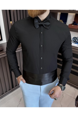 İtalyan Kesim Slim Fit Damatlık Ata Yaka Erkek Gömlek Siyah T7526-siyah Siyah