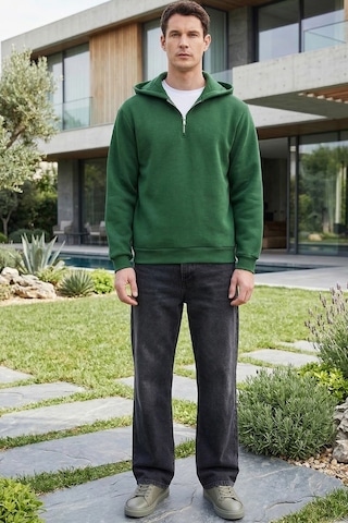 Tudors Unisex Relax Fit Rahat Kesim Pamuklu İçi Polarlı Yarım Fermuarlı Yeşil Kapüşonlu Sweatshirt-37026