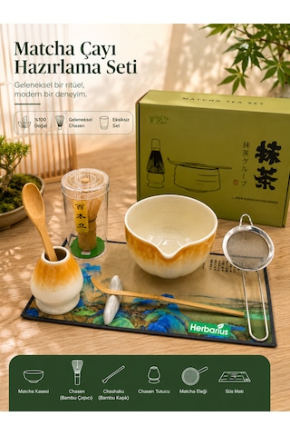 6 Parça Turuncu Beyaz Renk Matcha Çayı Hazırlama Seti - Geleneksel Japon Matcha Seti Turuncu - Beyaz
