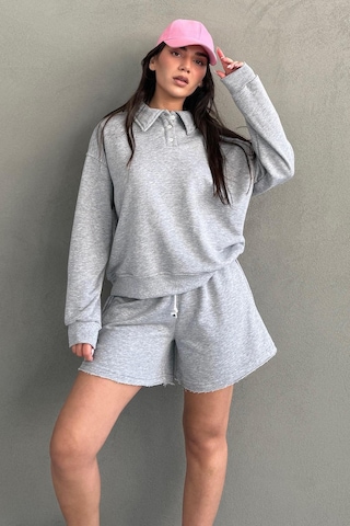 Madmext Gri Polo Yaka Kadın Şort Sweatshirt Takım Mg2375