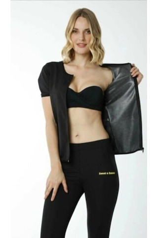 Sweet Sweat Termal Sauna Takım Fermuarlı Kısa Kollu Üst + Tayt Siyah